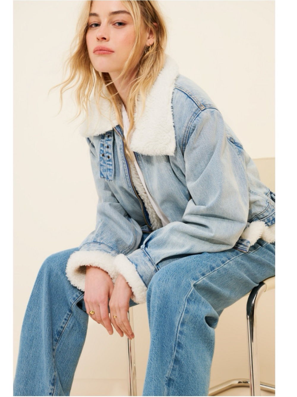 RE/DONE Denim Aviator Sherpa Jacket in Light Wash Denim M $525